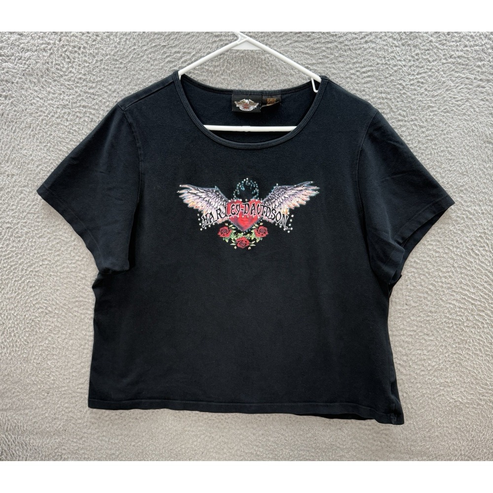 Vintage Harley Davidson Shirt Womens 2X Black Motorcycle Biker Grunge Faded Y2K